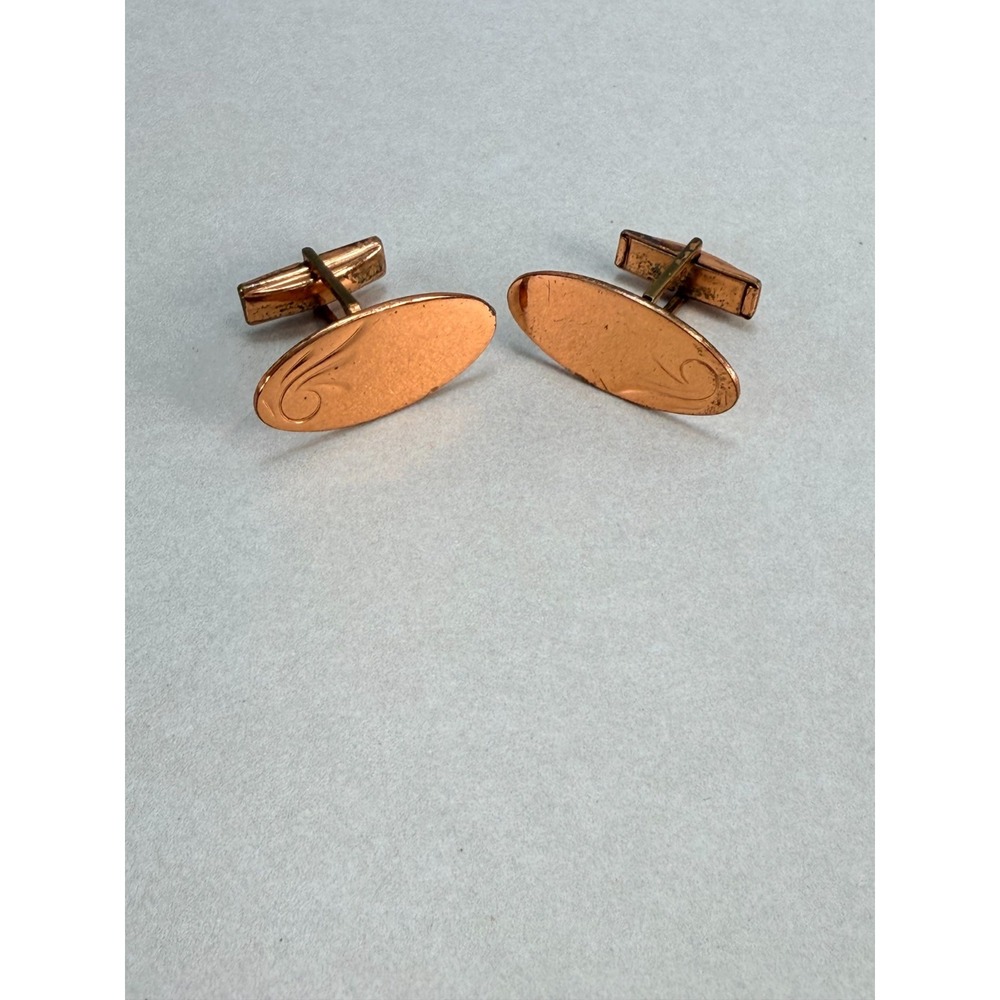 Vintage Copper Tone Oval Cufflinks Mens Engraved Swirl Mid Century Modernist